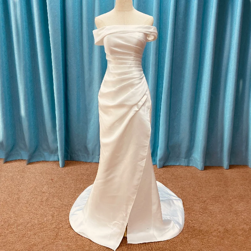 Simple Off Shoulder Ruched Satin Mermaid Wedding Dress with Leg Slit