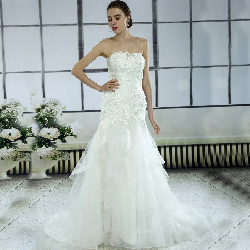Unique Strapless Asymmetric Neck Mermaid Wedding Dress